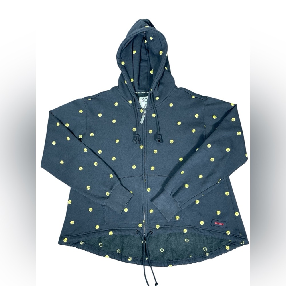 Smiley Face Novelty Black Sweater Peace Love World Hooded Oversized Full Zip, Sm